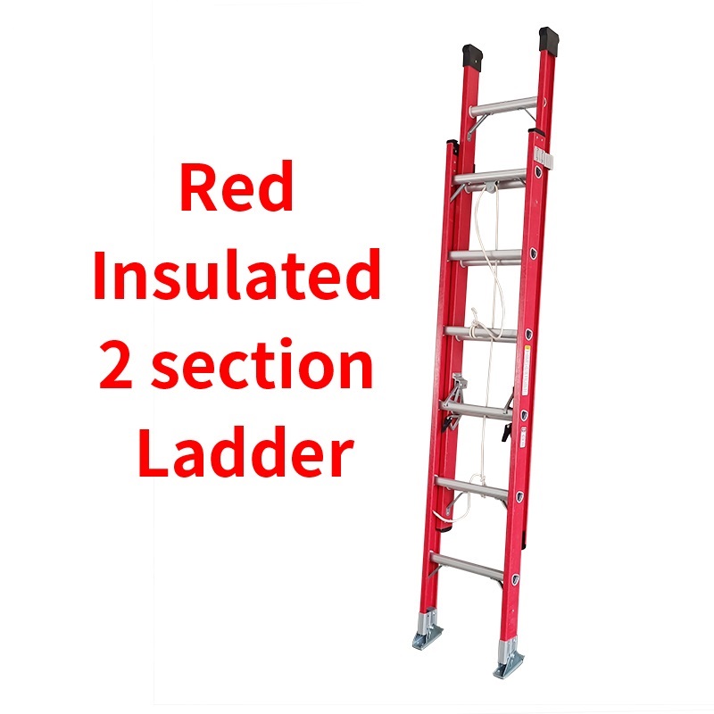 Red insulated ladder 2 section ladder With pulley and rope